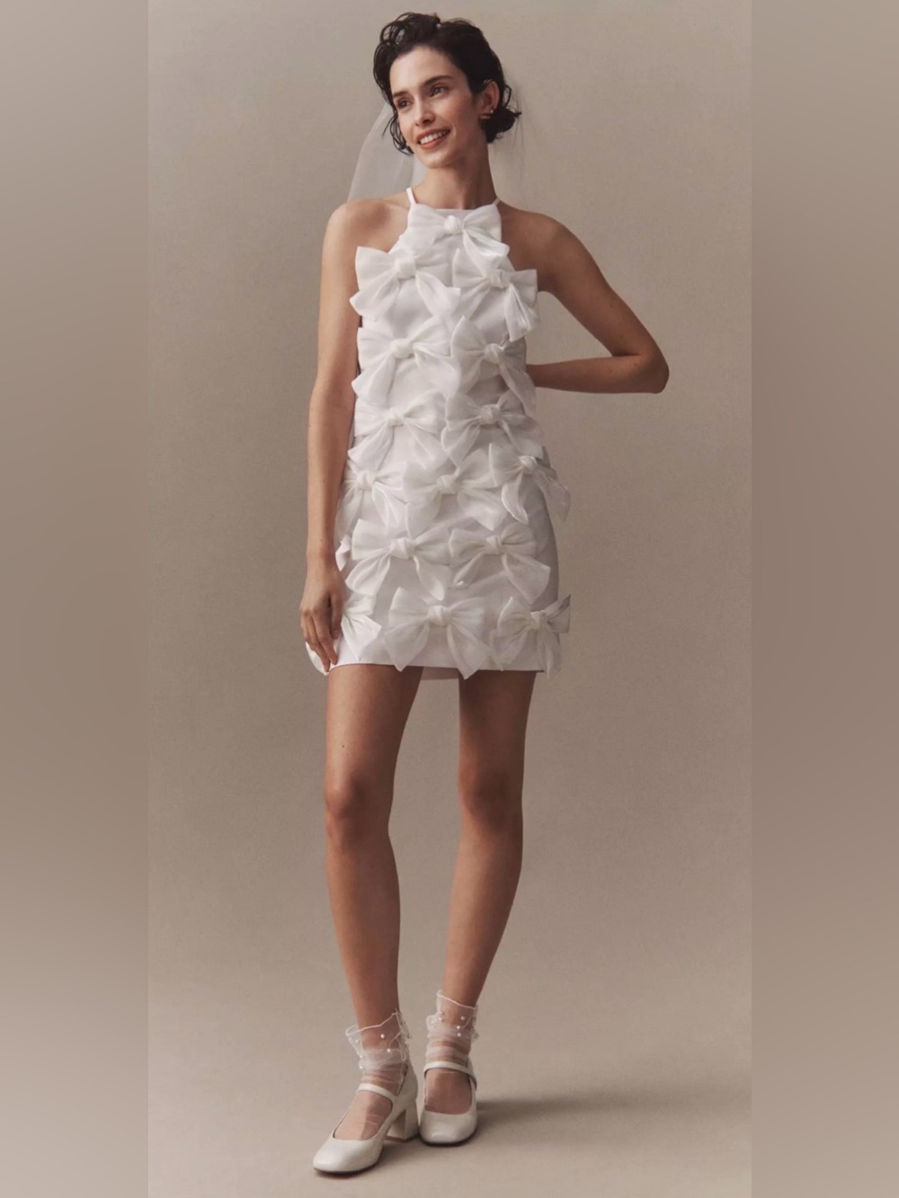 BHLDN White Halter Mini Dress with 3D Bow Appliqués